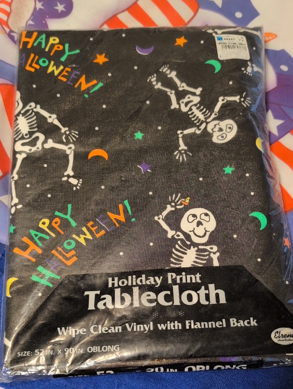 Halloween Skeleton Print Holiday Tablecloth - Black with Colorful Accents